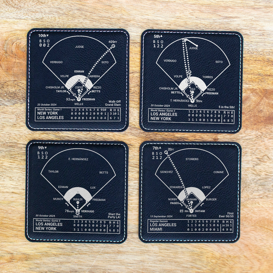 <b>2024 Champions</b> Championship Set | Los Angeles Dodgers Greatest Plays: Leatherette Coasters (Set of 4)