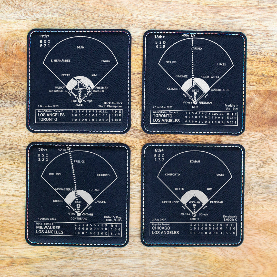 <b>2025 Dodgers World Champions</b> Greatest Plays: Leatherette Coasters (Set of 4)