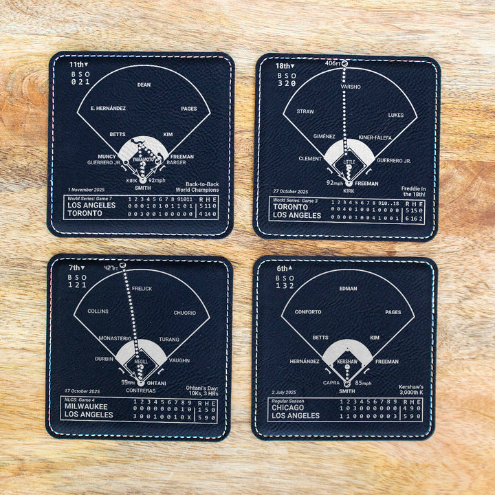 <b>2025 Dodgers World Champions</b> Greatest Plays: Leatherette Coasters (Set of 4)