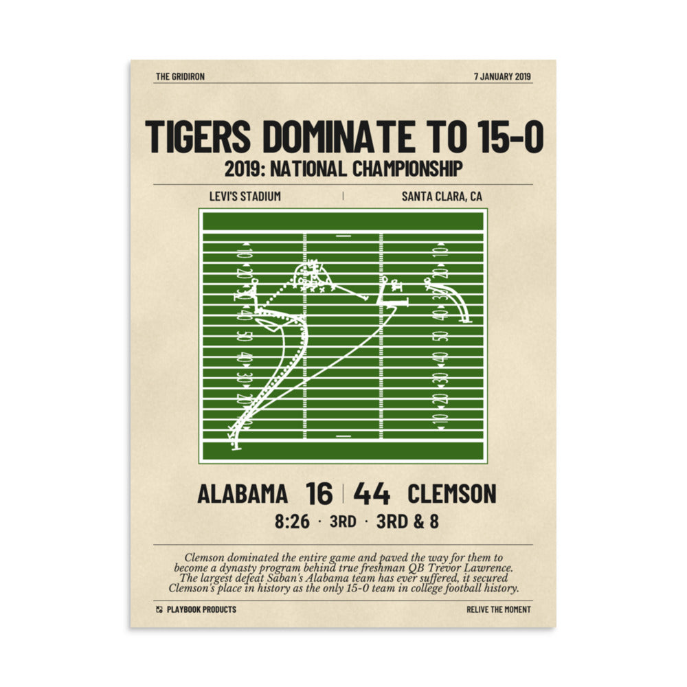 Greatest Clemson Football Plays Poster: Tigers dominate to 15-0 (2019)