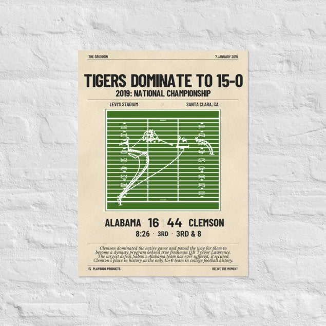 Greatest Clemson Football Plays Poster: Tigers dominate to 15-0 (2019)