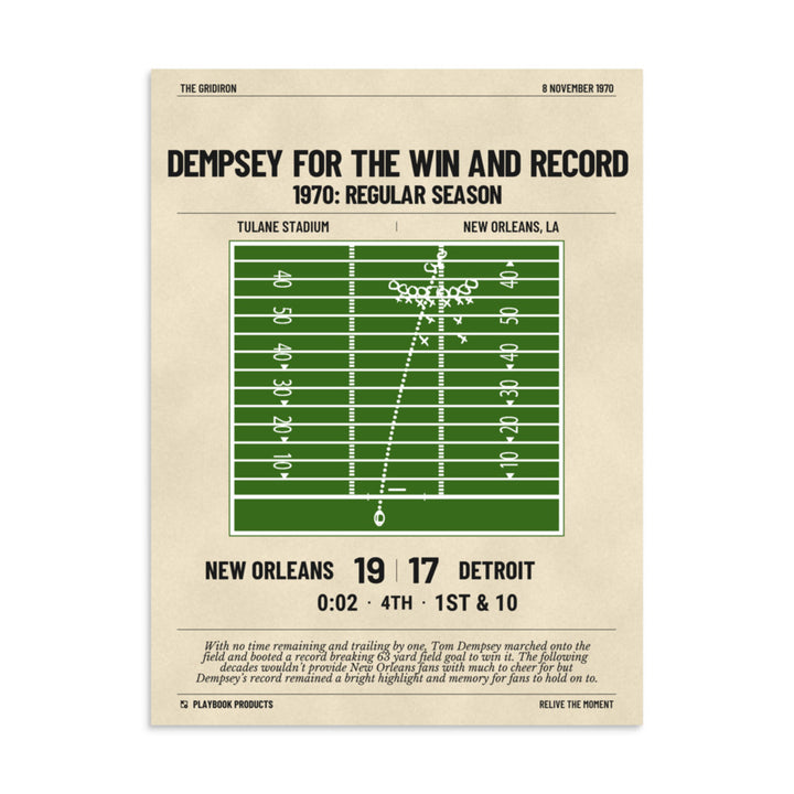 Greatest New Orleans Saints Plays Poster: Dempsey for the win and record (1970)