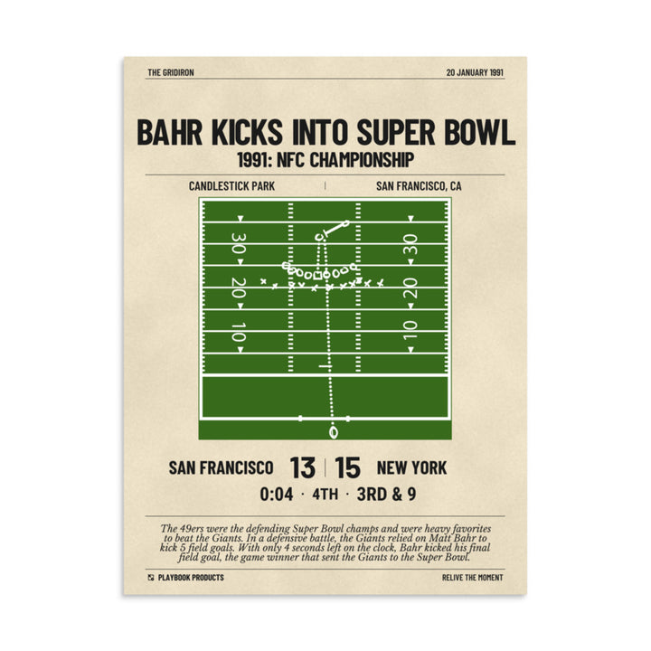 Greatest New York Giants Plays Poster: Bahr kicks into Super Bowl (1991)