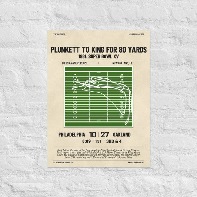 Greatest Oakland Raiders Plays Poster: Plunkett to King for 80 yards (1981)