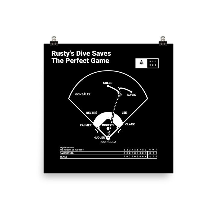 Texas Rangers Greatest Plays Poster: Rusty's Dive Saves The Perfect Game (1994)